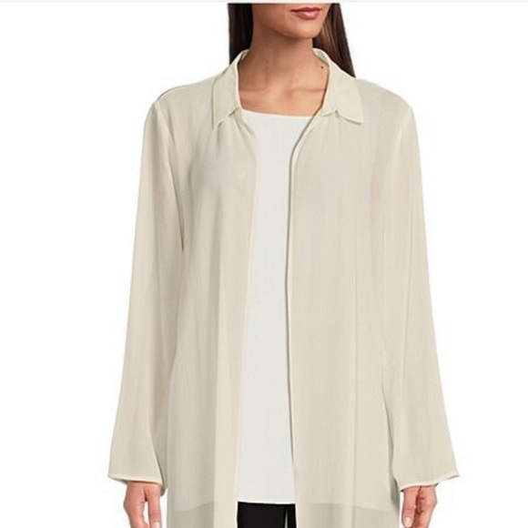 Eileen Fisher Crinkled Sheer Silk Point Collar Long SleeveOpenFront Midi Jacket - Picture 3 of 9